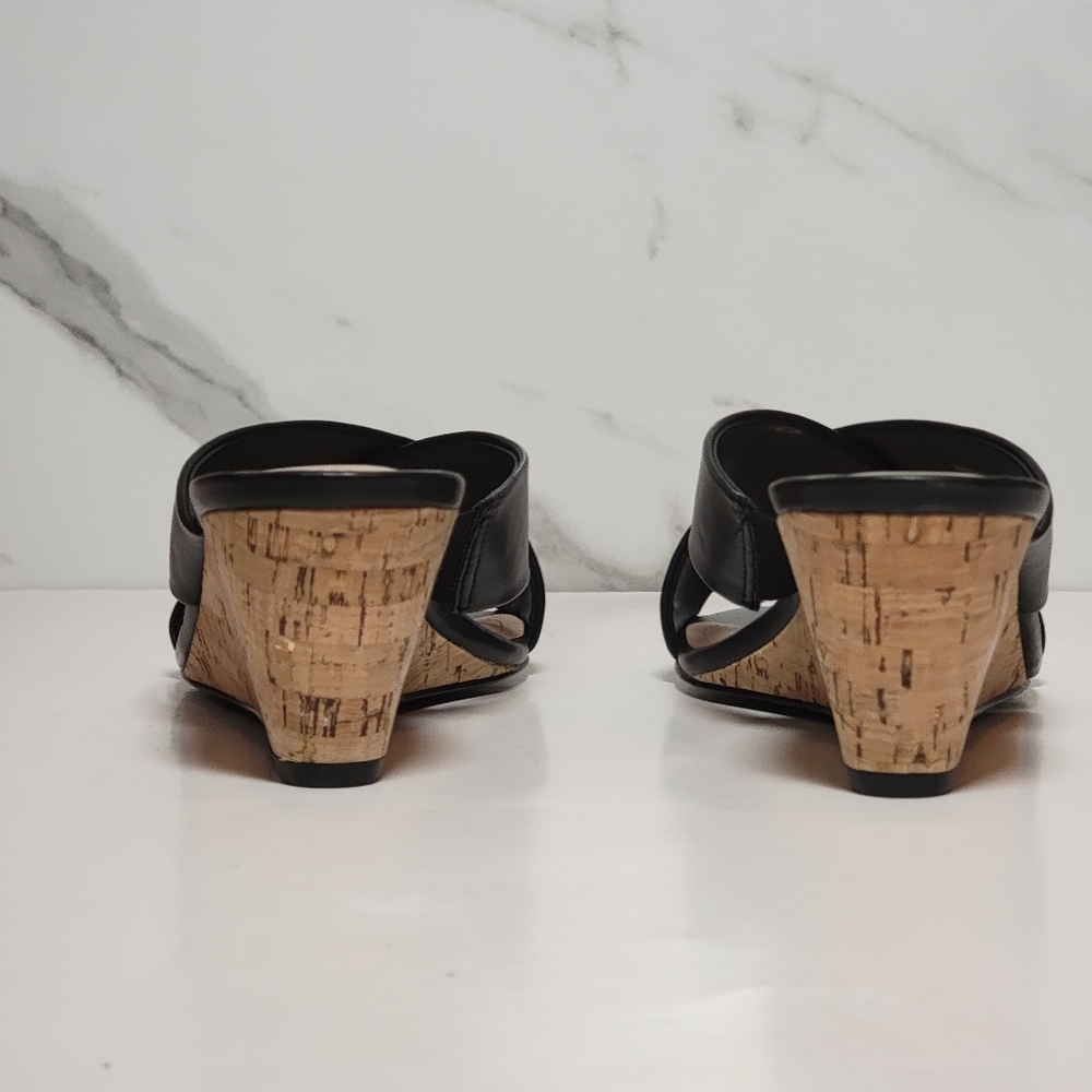 Charles David | Cork Wedge Black leather Cris Cross open toe Slip-on shoes 7.5 - Picture 6 of 12